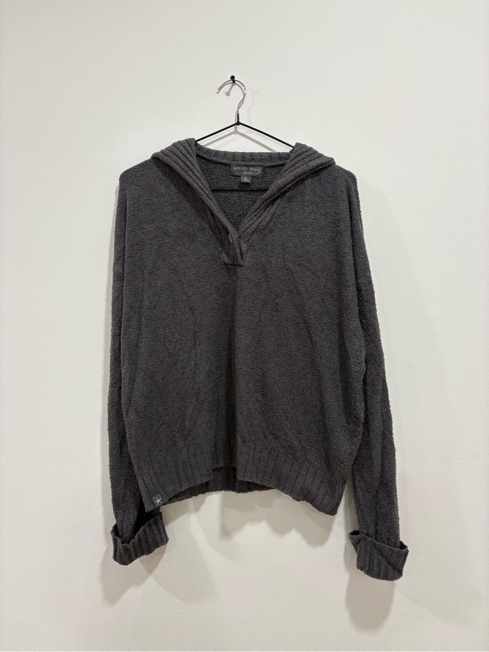 Barefoot Dreams Women's Cozychic Lite Charcoal V-Neck Hooded Sweater